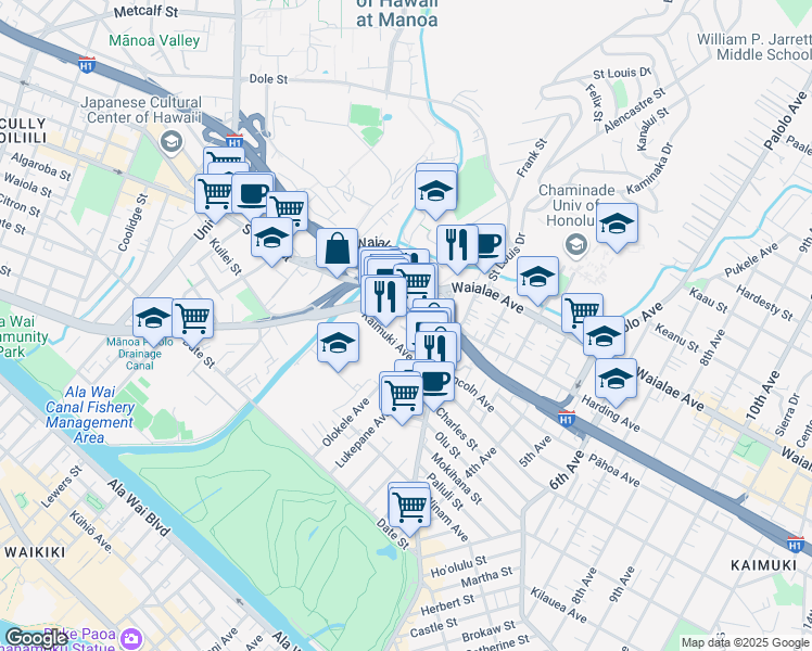 map of restaurants, bars, coffee shops, grocery stores, and more near 2927 Kapiolani Boulevard in Honolulu