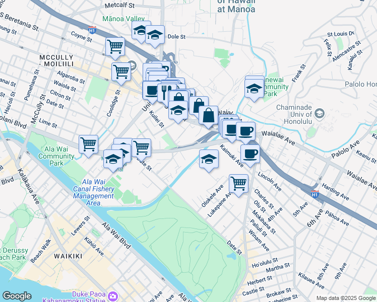 map of restaurants, bars, coffee shops, grocery stores, and more near 823 Waiaka Road in Honolulu