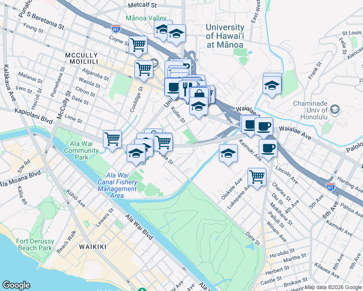 map of restaurants, bars, coffee shops, grocery stores, and more near 2630 Kapiolani Boulevard in Honolulu