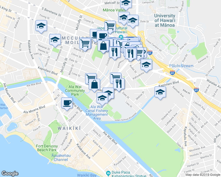 map of restaurants, bars, coffee shops, grocery stores, and more near 2452 Kapiolani Boulevard in Honolulu