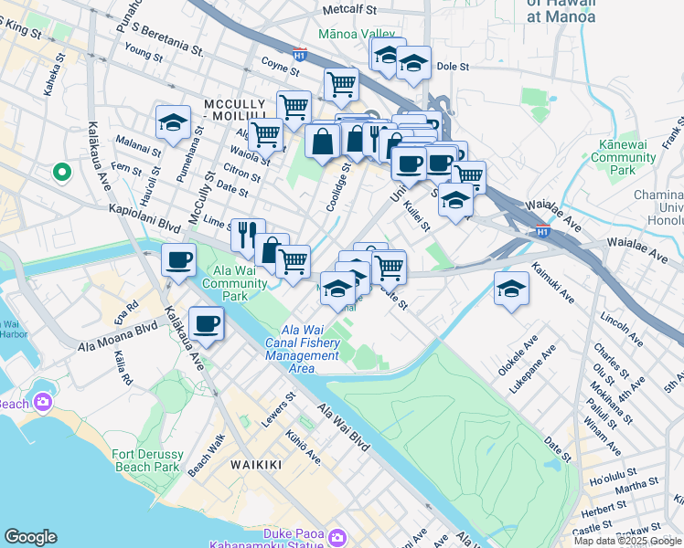 map of restaurants, bars, coffee shops, grocery stores, and more near 2452 Kapiolani Boulevard in Honolulu