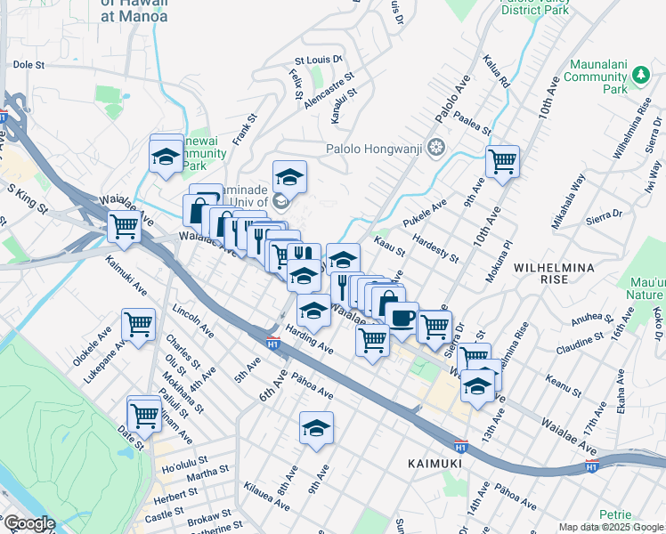 map of restaurants, bars, coffee shops, grocery stores, and more near 1277 Palolo Avenue in Honolulu