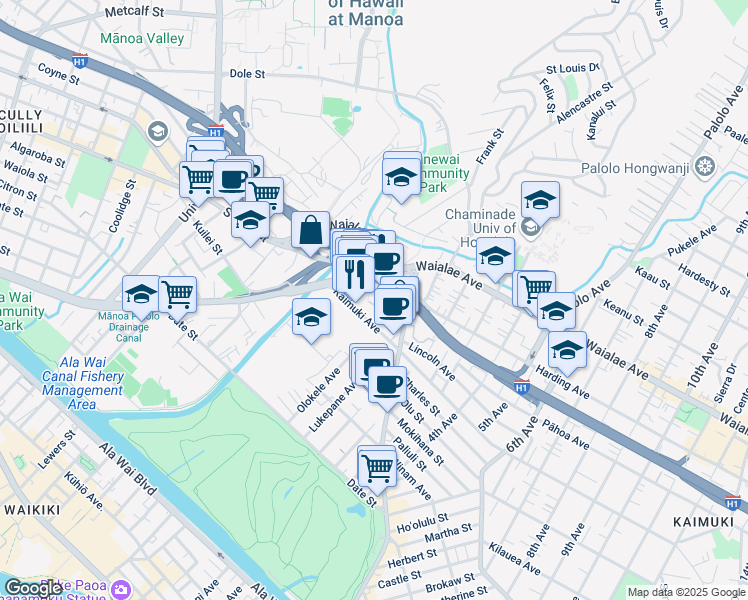 map of restaurants, bars, coffee shops, grocery stores, and more near 2812 Kihei Place in Honolulu