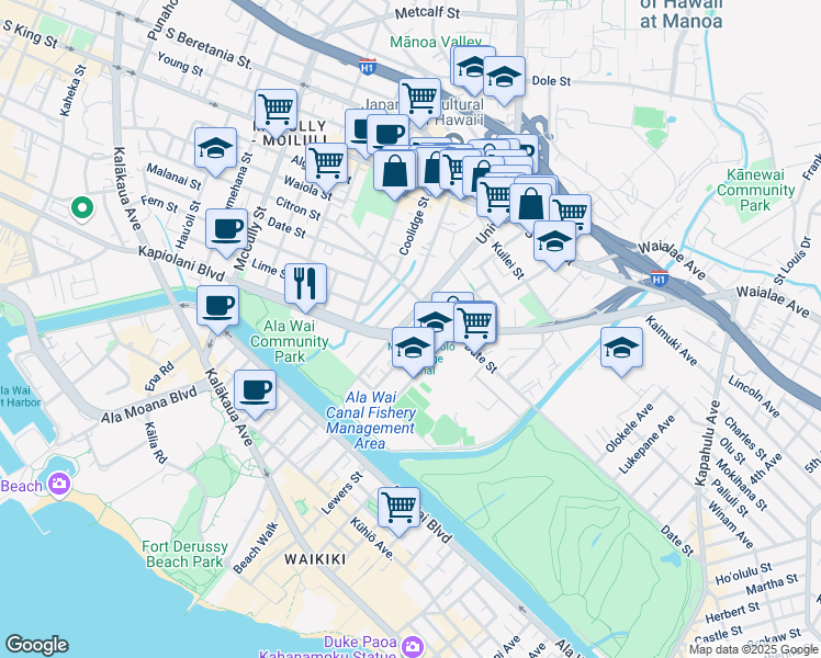map of restaurants, bars, coffee shops, grocery stores, and more near 611 University Avenue in Honolulu