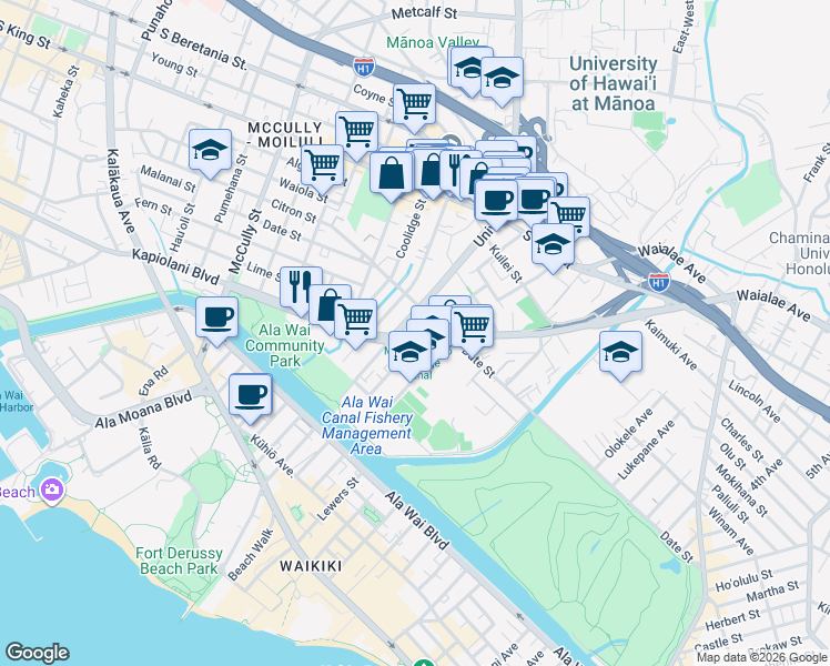 map of restaurants, bars, coffee shops, grocery stores, and more near 2452 Kapiolani Boulevard in Honolulu