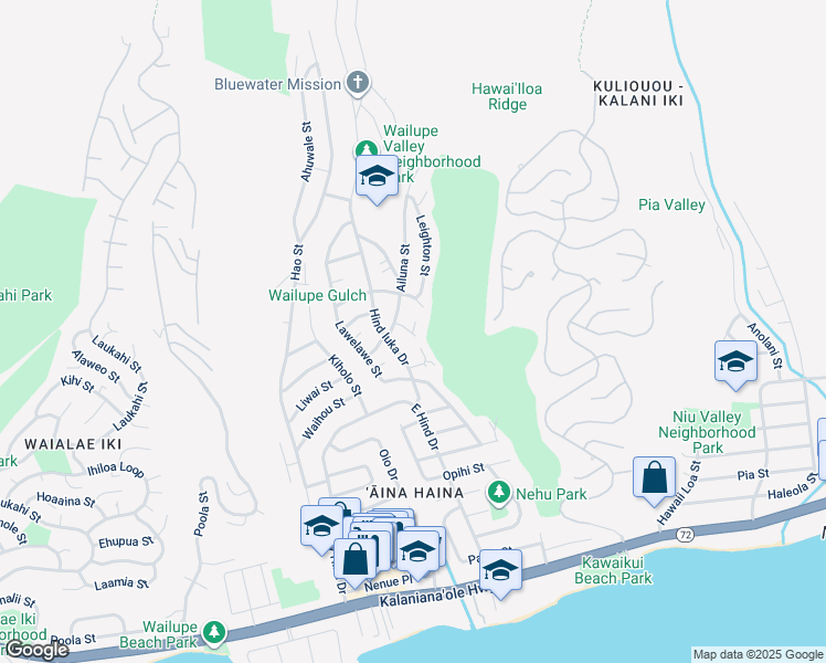 map of restaurants, bars, coffee shops, grocery stores, and more near 5422 Paniolo Place in Honolulu