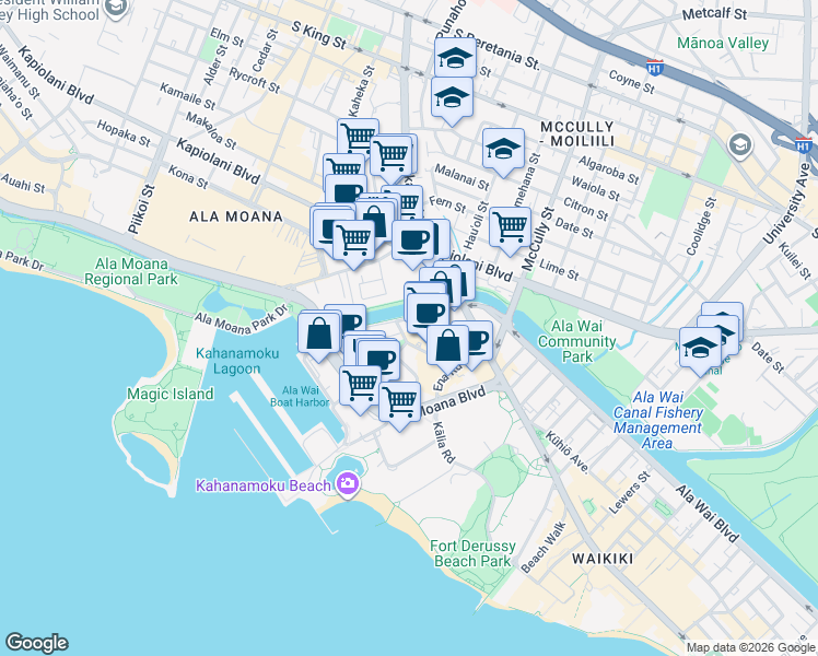 map of restaurants, bars, coffee shops, grocery stores, and more near Lipeepee Street in Honolulu