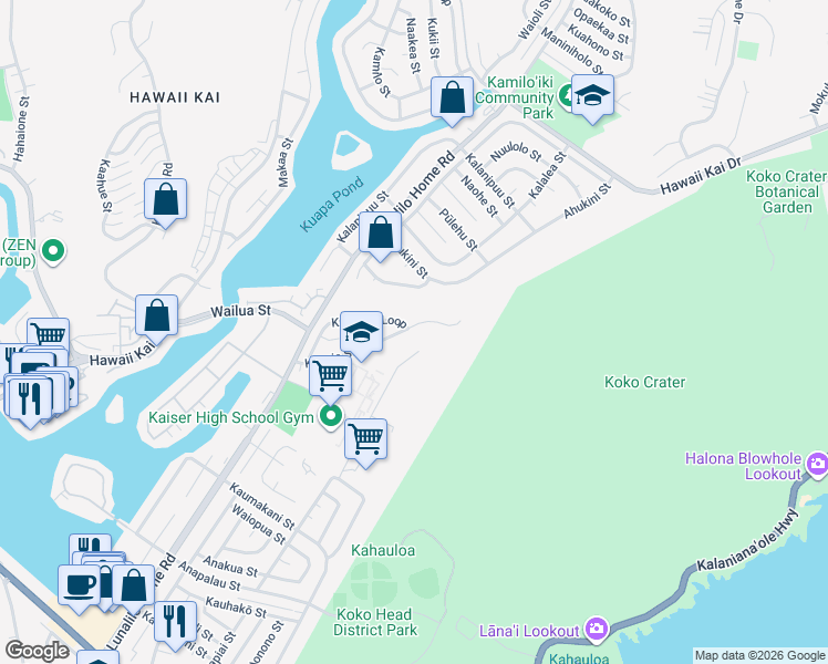map of restaurants, bars, coffee shops, grocery stores, and more near 665 Kapaia Street in Honolulu