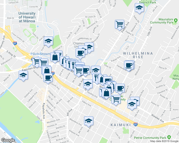 map of restaurants, bars, coffee shops, grocery stores, and more near 1258 Palolo Avenue in Honolulu