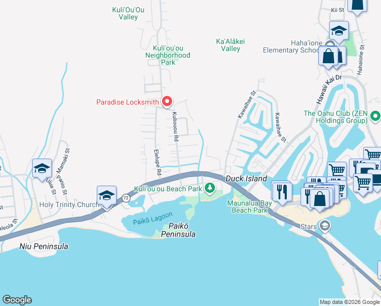map of restaurants, bars, coffee shops, grocery stores, and more near 6147 Pahukula Place in Honolulu