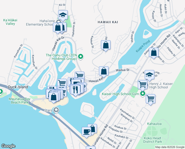 map of restaurants, bars, coffee shops, grocery stores, and more near 7002 Hawaii Kai Drive in Honolulu