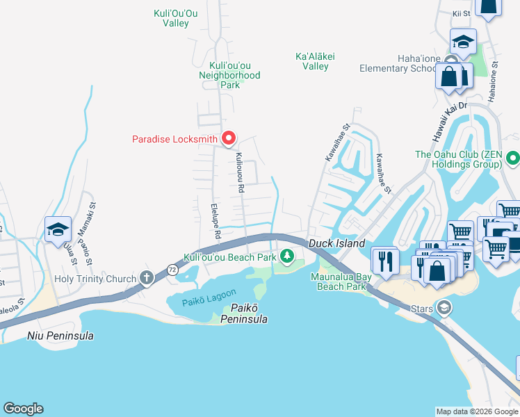 map of restaurants, bars, coffee shops, grocery stores, and more near 6147 Pahukula Place in Honolulu