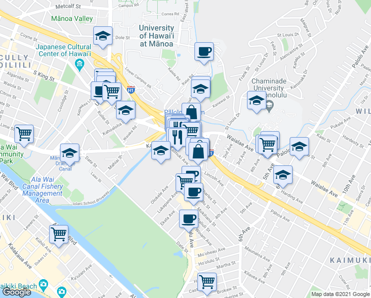 map of restaurants, bars, coffee shops, grocery stores, and more near 2927 Kapiolani Boulevard in Honolulu