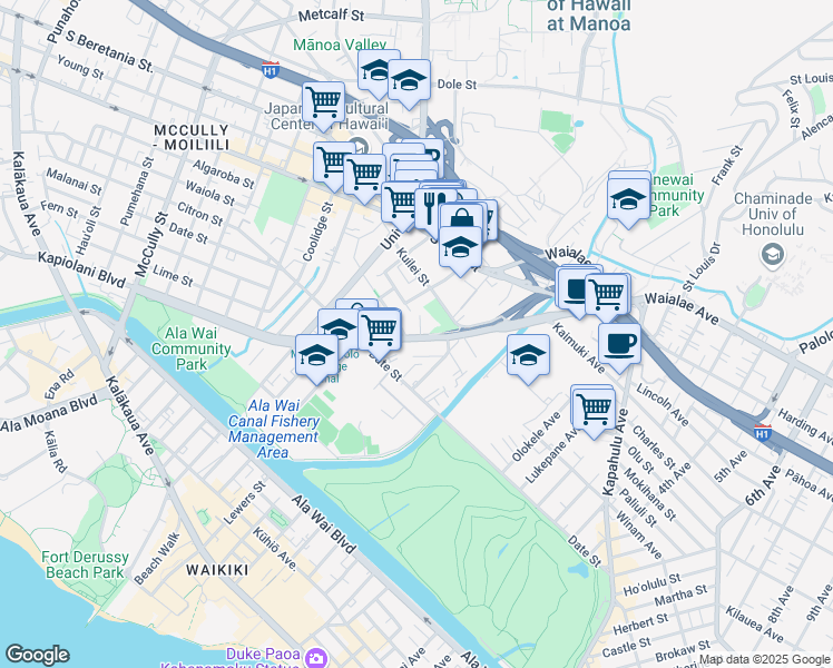 map of restaurants, bars, coffee shops, grocery stores, and more near 2612 Kapiolani Boulevard in Honolulu