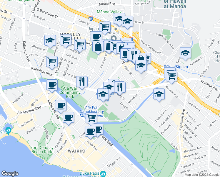 map of restaurants, bars, coffee shops, grocery stores, and more near in Honolulu