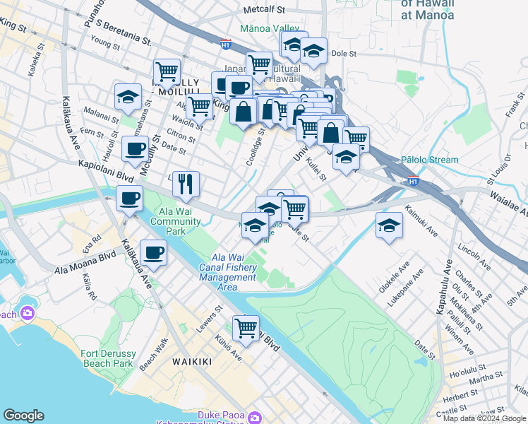 map of restaurants, bars, coffee shops, grocery stores, and more near 625 University Avenue in Honolulu