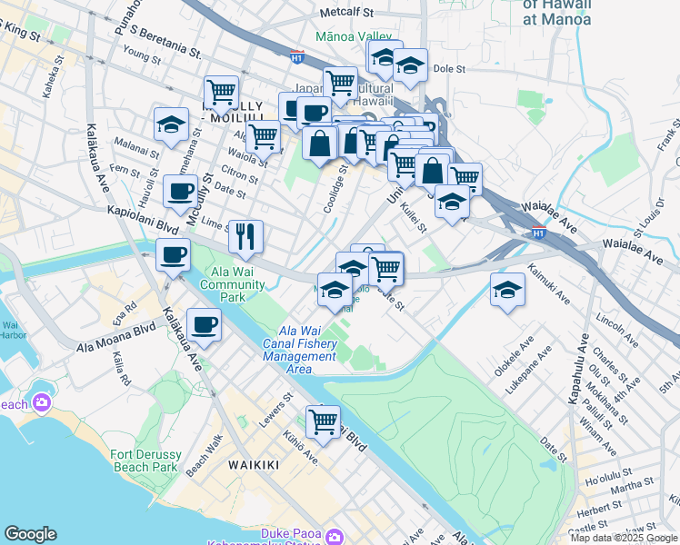 map of restaurants, bars, coffee shops, grocery stores, and more near 625 University Avenue in Honolulu