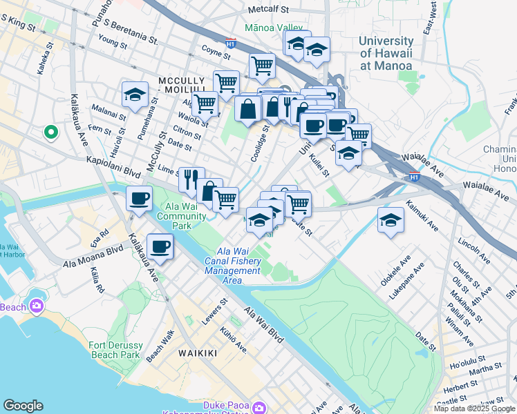 map of restaurants, bars, coffee shops, grocery stores, and more near 625 University Avenue in Honolulu