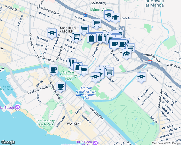 map of restaurants, bars, coffee shops, grocery stores, and more near 625 University Avenue in Honolulu