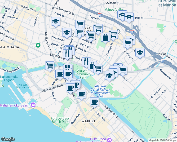 map of restaurants, bars, coffee shops, grocery stores, and more near 10 Kapiolani Boulevard in Honolulu