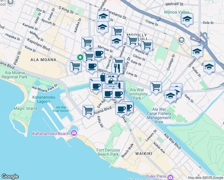 map of restaurants, bars, coffee shops, grocery stores, and more near 1909 Ala Wai Boulevard in Honolulu