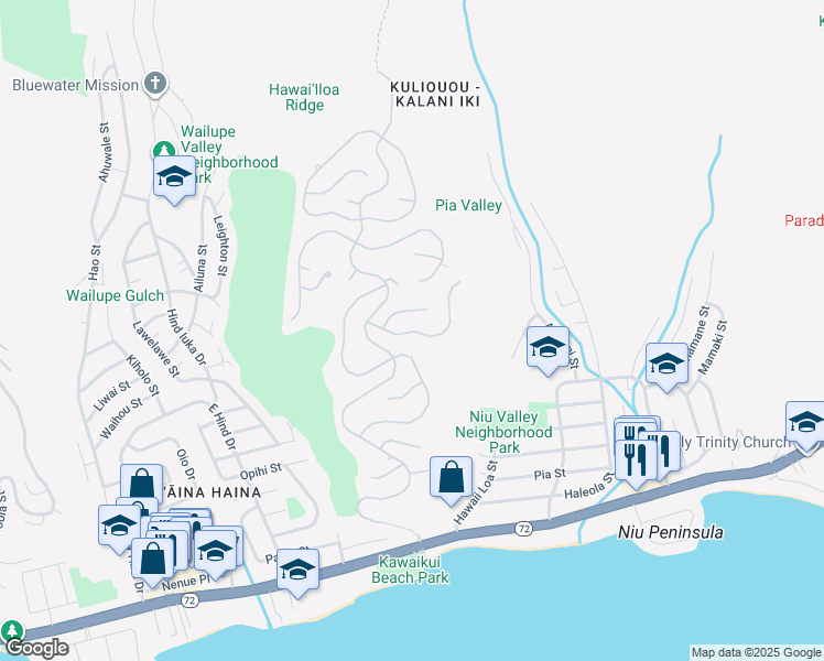 map of restaurants, bars, coffee shops, grocery stores, and more near 664 Kaulana Place in Honolulu