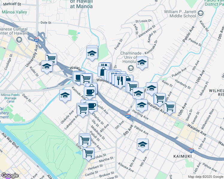 map of restaurants, bars, coffee shops, grocery stores, and more near 1143A 2nd Avenue in Honolulu