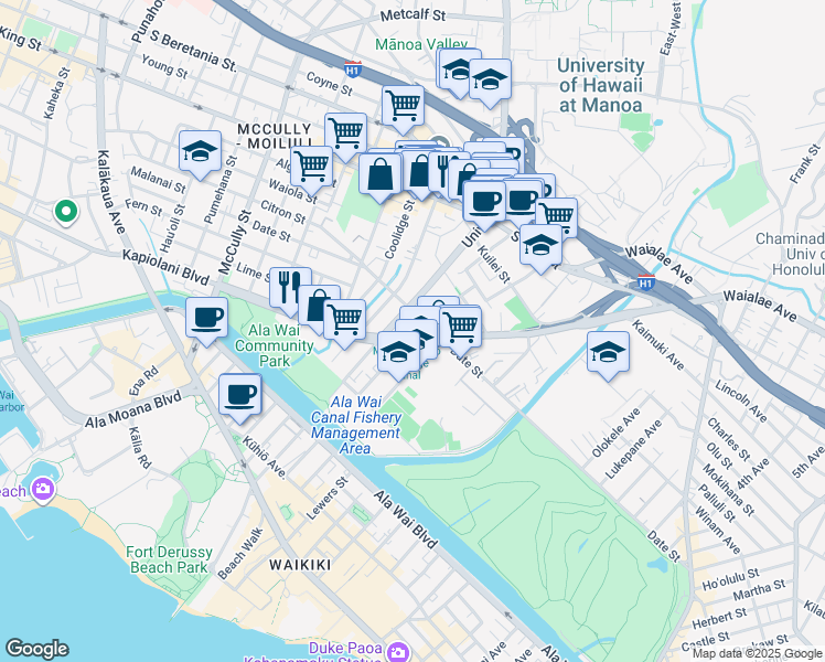 map of restaurants, bars, coffee shops, grocery stores, and more near 625 University Avenue in Honolulu