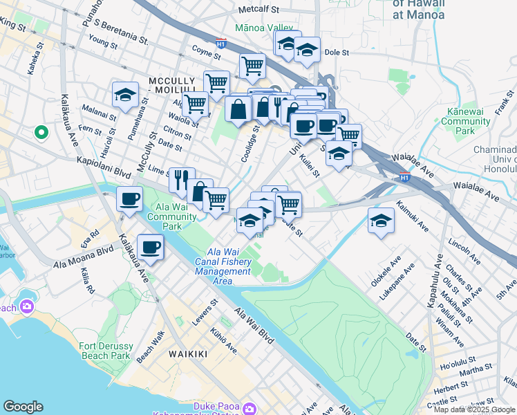 map of restaurants, bars, coffee shops, grocery stores, and more near 2474 Kapiolani Boulevard in Honolulu