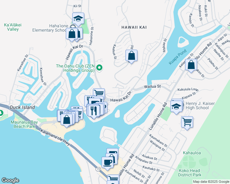 map of restaurants, bars, coffee shops, grocery stores, and more near 7002 Hawaii Kai Drive in Honolulu
