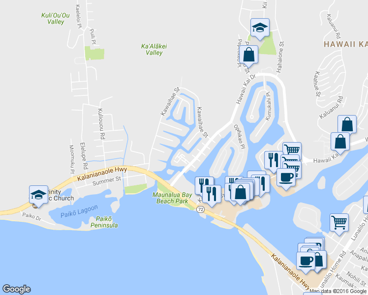map of restaurants, bars, coffee shops, grocery stores, and more near 250 Hakalau Place in Honolulu