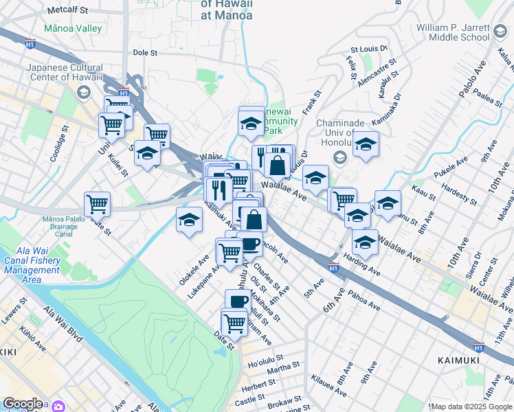 map of restaurants, bars, coffee shops, grocery stores, and more near Kapahulu Ave & Harding Ave in Honolulu