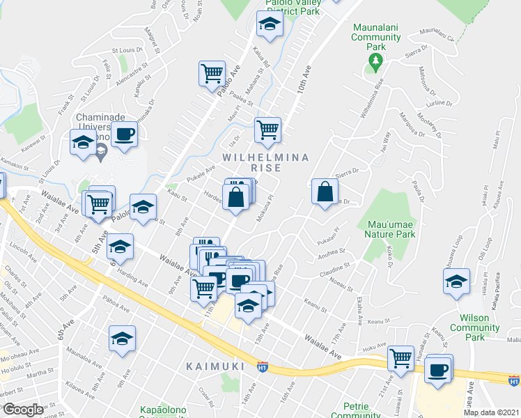 map of restaurants, bars, coffee shops, grocery stores, and more near 1509 Mokuna Place in Honolulu
