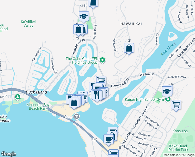 map of restaurants, bars, coffee shops, grocery stores, and more near 144 Kaiolohia Way in Honolulu