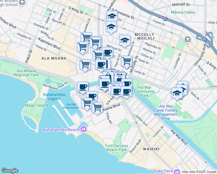 map of restaurants, bars, coffee shops, grocery stores, and more near 401 Makaoe Lane in Honolulu