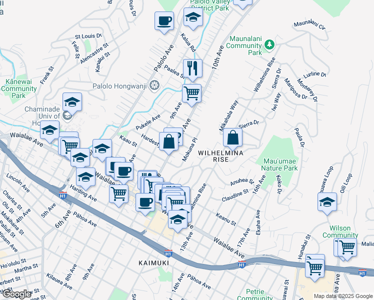 map of restaurants, bars, coffee shops, grocery stores, and more near 1509 Mokuna Place in Honolulu