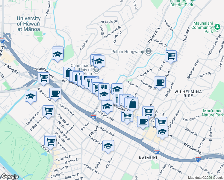 map of restaurants, bars, coffee shops, grocery stores, and more near 1258 Palolo Avenue in Honolulu