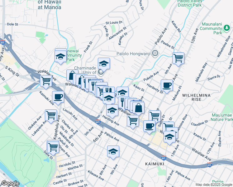 map of restaurants, bars, coffee shops, grocery stores, and more near 1258 Palolo Avenue in Honolulu