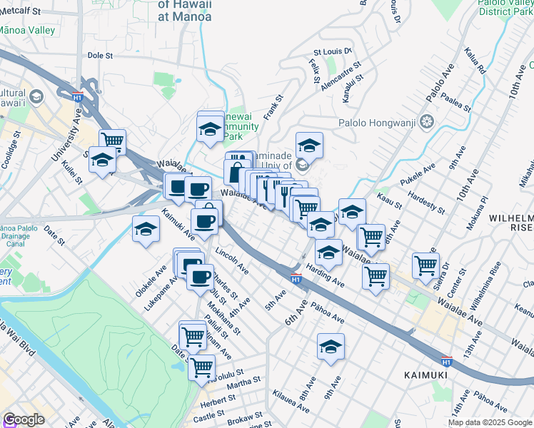 map of restaurants, bars, coffee shops, grocery stores, and more near 1143A 2nd Avenue in Honolulu