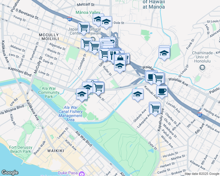 map of restaurants, bars, coffee shops, grocery stores, and more near 2630 Kapiolani Boulevard in Honolulu