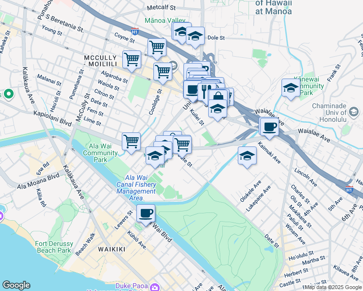 map of restaurants, bars, coffee shops, grocery stores, and more near 2733 Kāʻaha Street in Honolulu