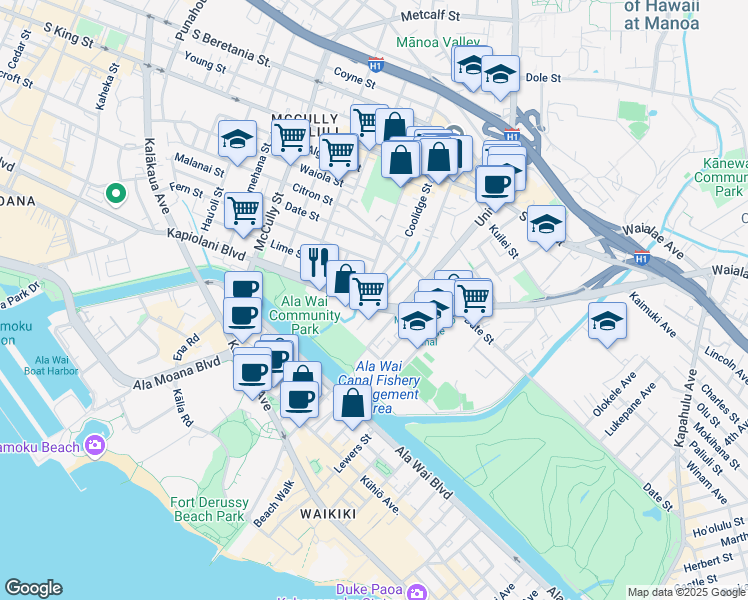 map of restaurants, bars, coffee shops, grocery stores, and more near 608 Hausten Street in Honolulu