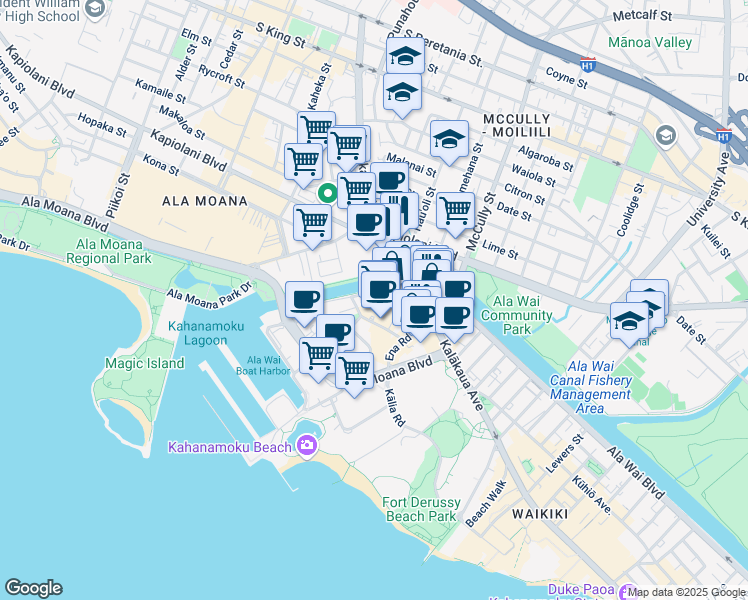 map of restaurants, bars, coffee shops, grocery stores, and more near 401 Makaoe Lane in Honolulu