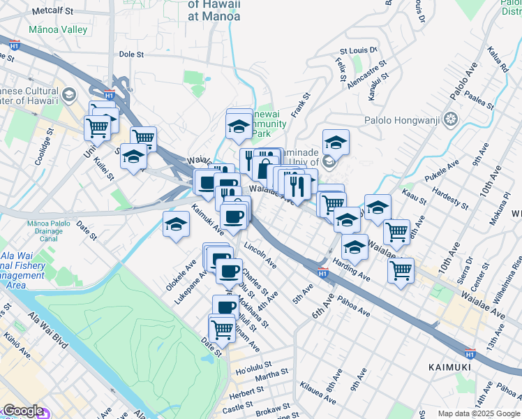 map of restaurants, bars, coffee shops, grocery stores, and more near 1121 1st Avenue in Honolulu