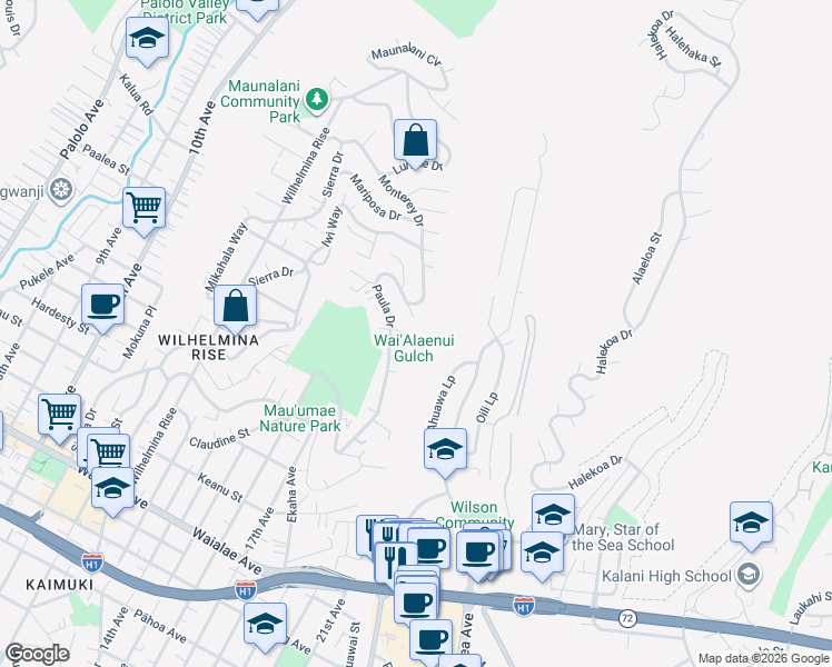 map of restaurants, bars, coffee shops, grocery stores, and more near 4130 Paloma Place in Honolulu