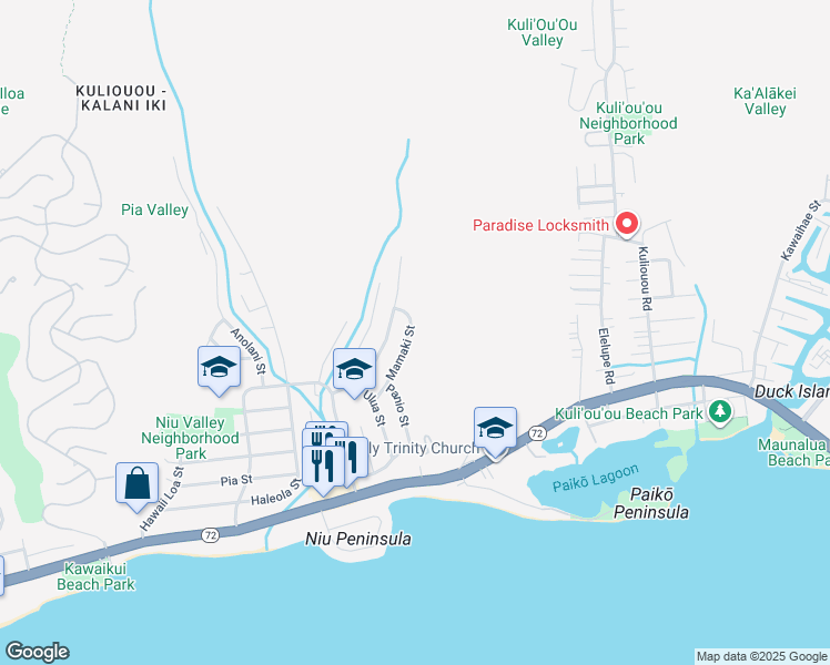 map of restaurants, bars, coffee shops, grocery stores, and more near 409 Mamaki Street in Honolulu