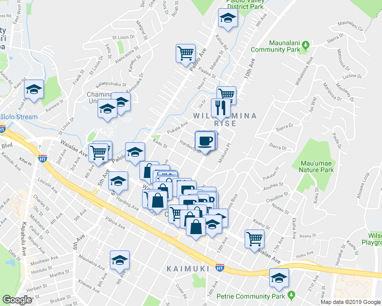 map of restaurants, bars, coffee shops, grocery stores, and more near 1419 9th Avenue in Honolulu