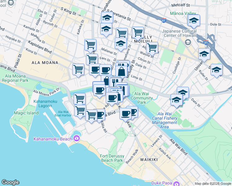 map of restaurants, bars, coffee shops, grocery stores, and more near 1909 Ala Wai Boulevard in Honolulu