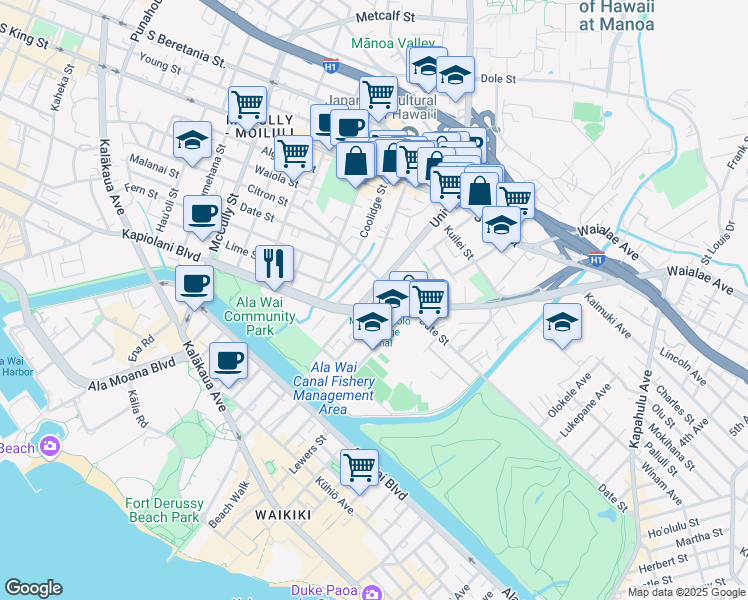 map of restaurants, bars, coffee shops, grocery stores, and more near 625 University Avenue in Honolulu