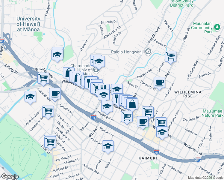 map of restaurants, bars, coffee shops, grocery stores, and more near 1258 Palolo Avenue in Honolulu